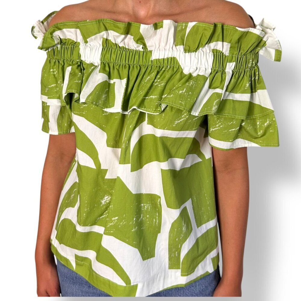 MeimeiJ Abstract Green White Print Top Off Shoulder Ruffle Cotton Sz XS (Ital 38 - Picture 2 of 8